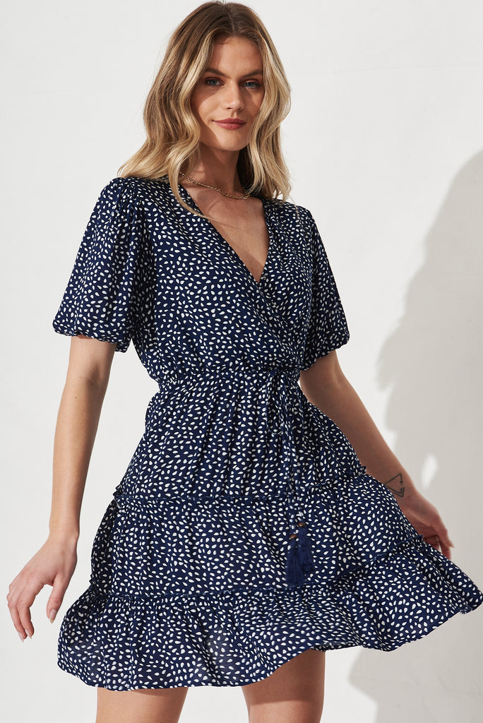 Wilda Dress In Navy With White Speckle - Front