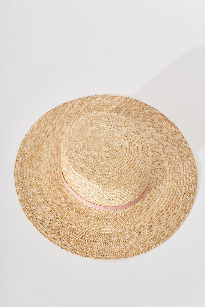 August + Delilah Caster Straw Hat In Brown With Pink Ribbon - top