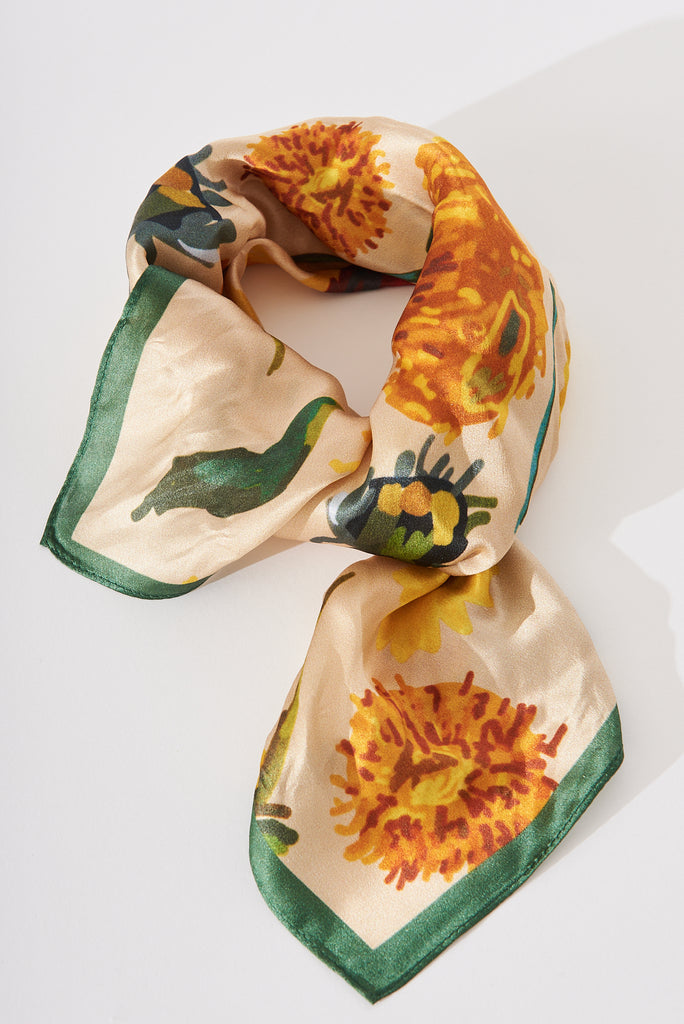 August + Delilah Megan Scarf In Beige With Yellow Floral Silk - detail