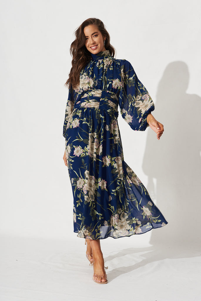 Rosamund Maxi Dress In Navy With Beige Floral Chiffon - front