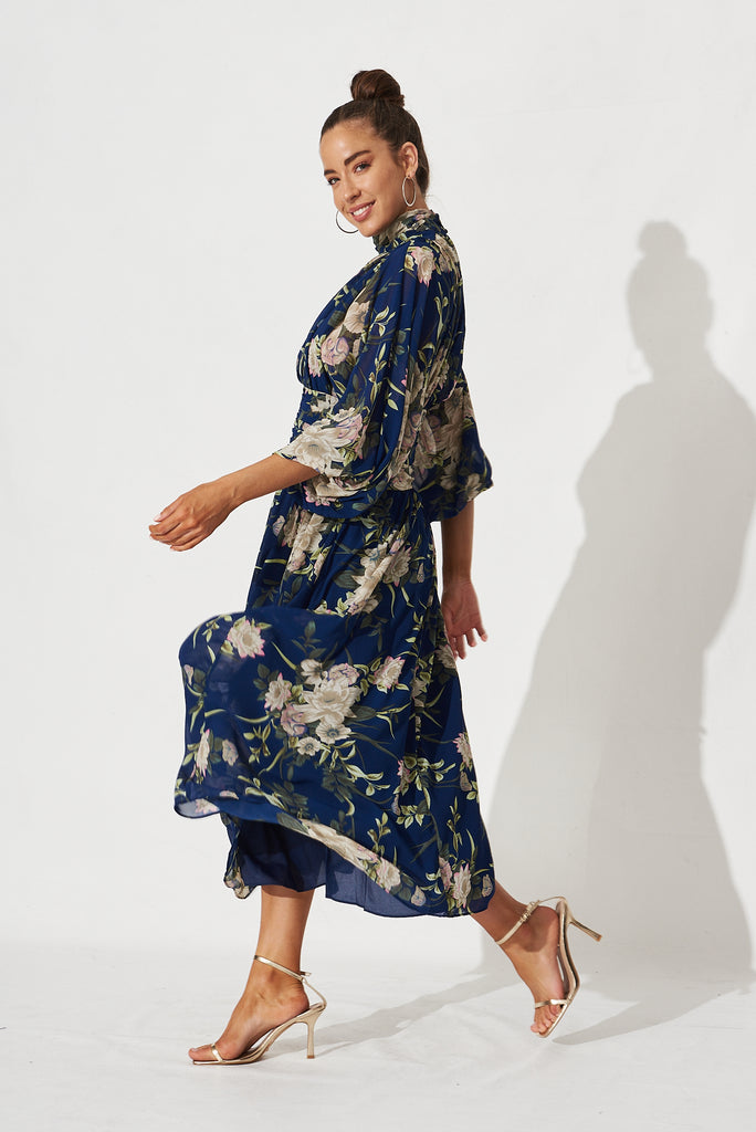 Rosamund Maxi Dress In Navy With Beige Floral Chiffon- side