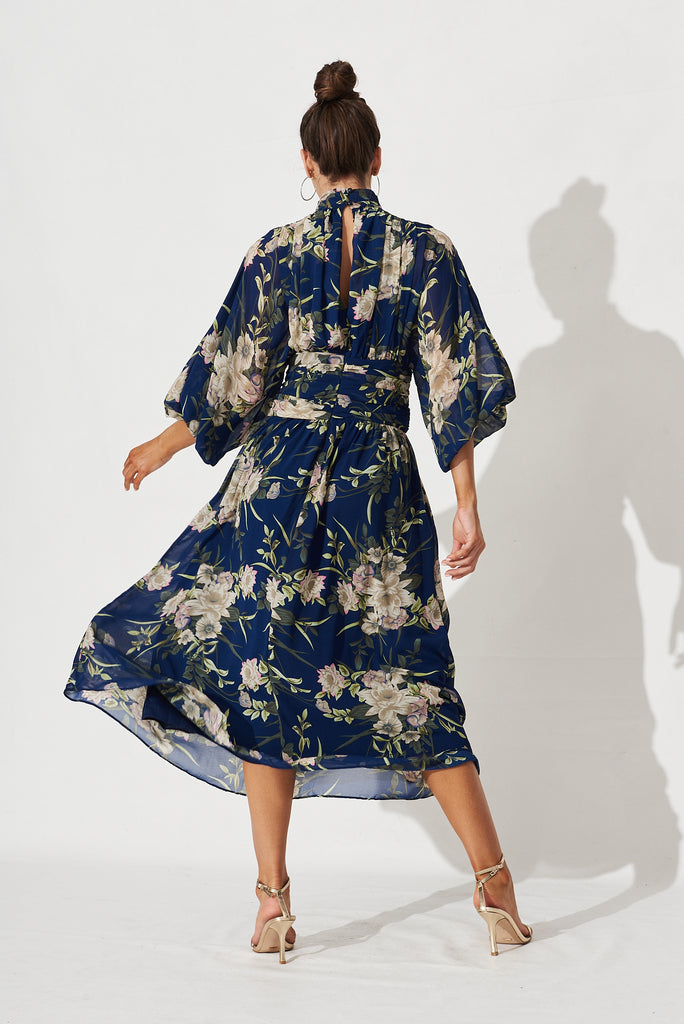 Rosamund Maxi Dress In Navy With Beige Floral Chiffon - back