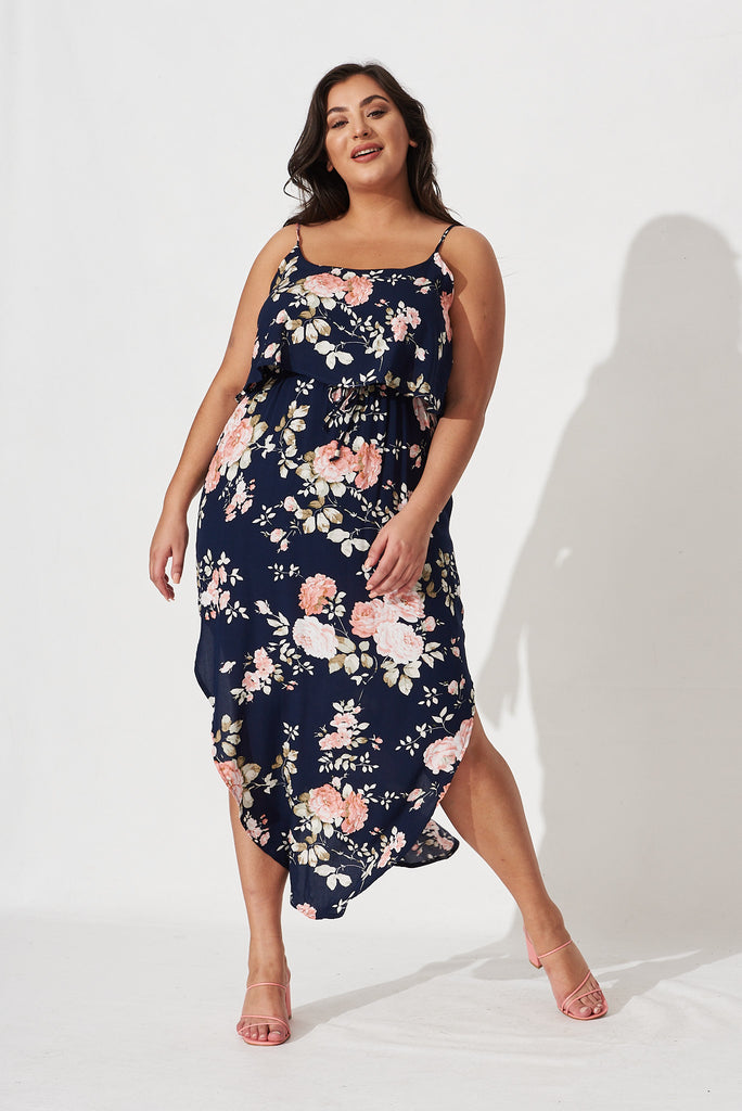 Hayley Midi Dress In Navy With Blush Floral - full length