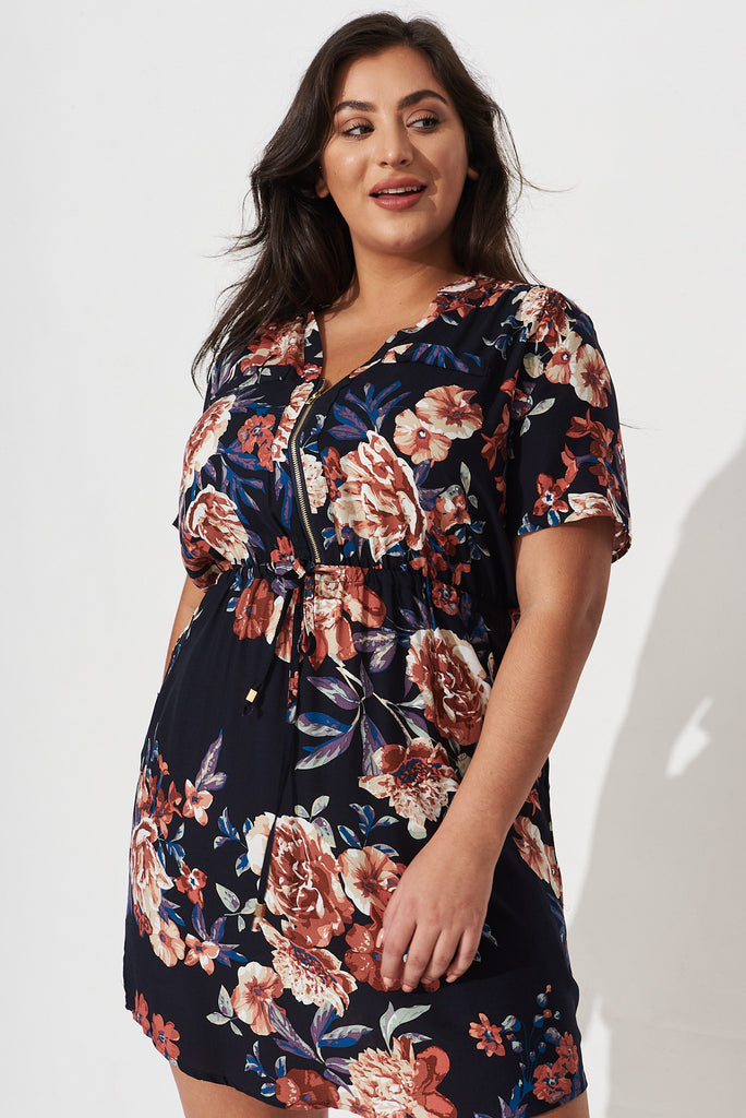 Now or Never Dress in Navy with Rust Floral - front