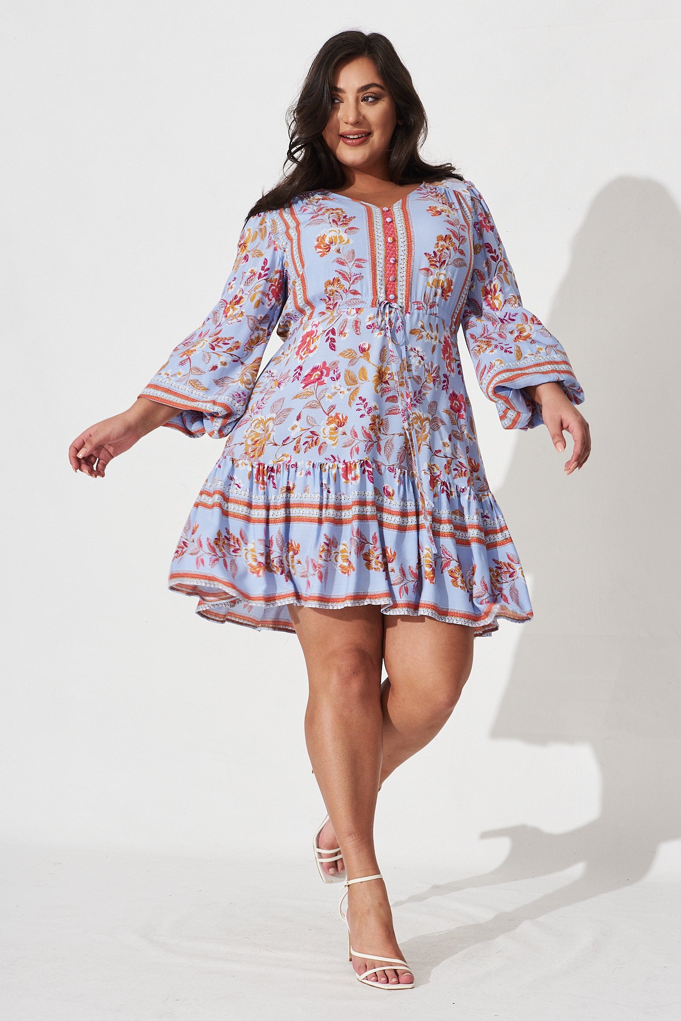 Norella Dress in Blue with Red Boho Floral - full length