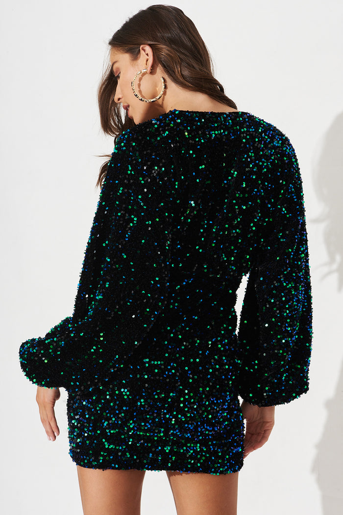 Sapphira Sequin Dress In Black With Green Sequin St Frock Sapphira Sequin Dress In Black With Green Sequin St Frock
