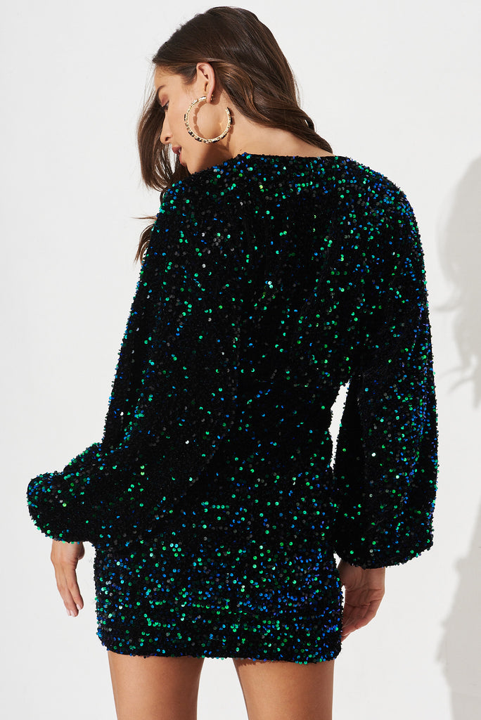 Sapphira Sequin Dress In Black With Green Sequin - back