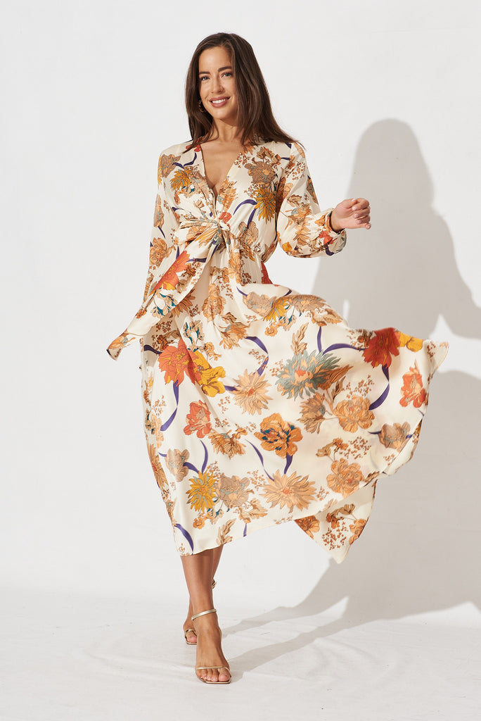 Airine Maxi Dress In Beige Floral Satin - full length