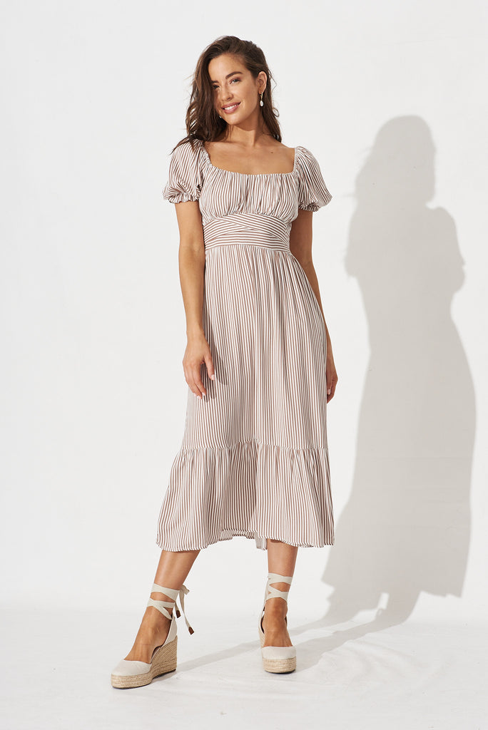 Candie Midi Dress In White With Brown Stripe - full length
