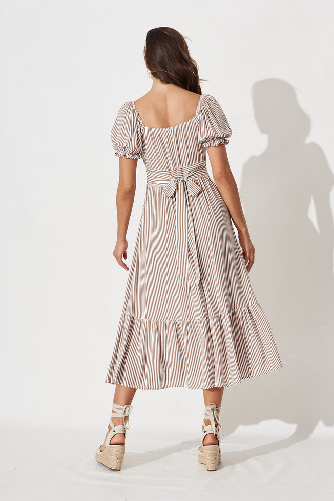 Candie Midi Dress In White With Brown Stripe - back