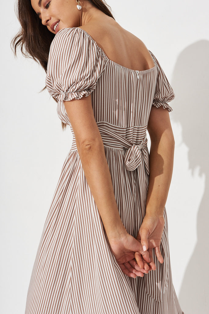 Candie Midi Dress In White With Brown Stripe - detail
