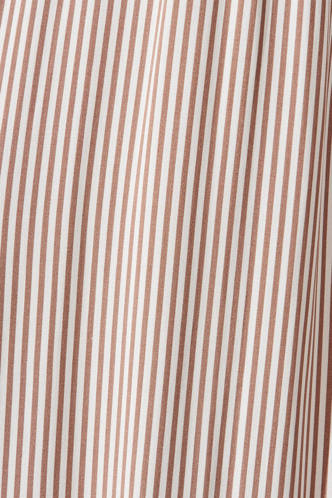 Candie Midi Dress In White With Brown Stripe - fabric