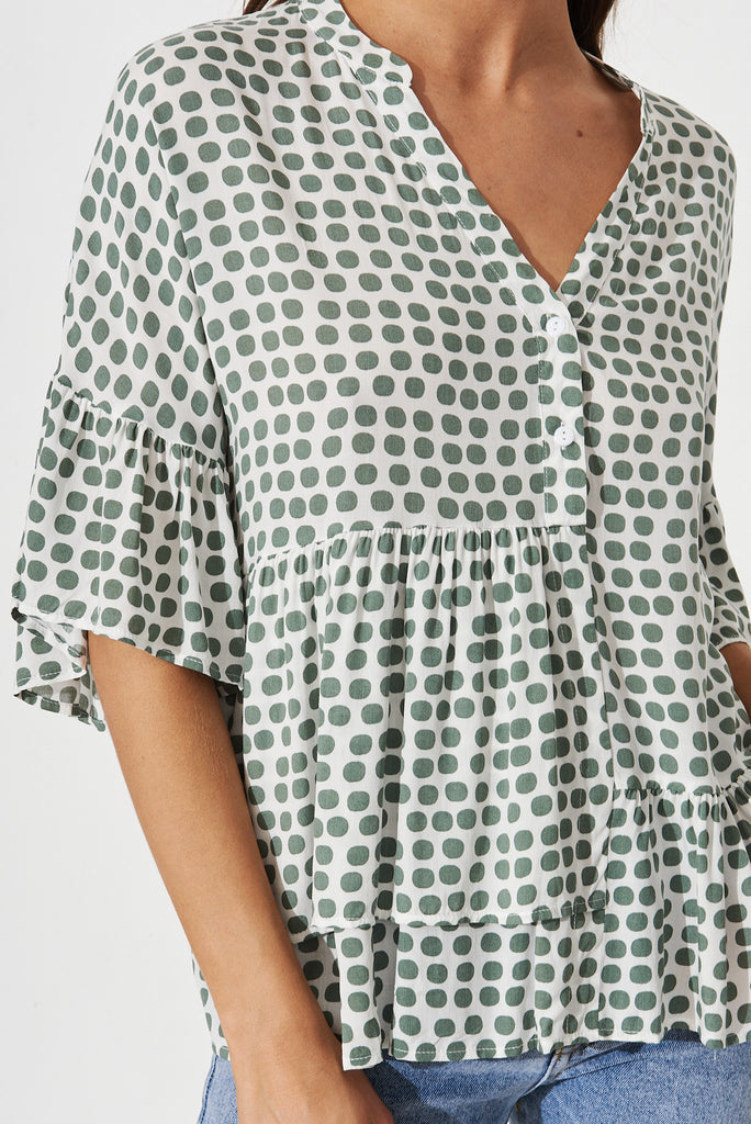 Relia Top In White With Green Polka Dot - detail