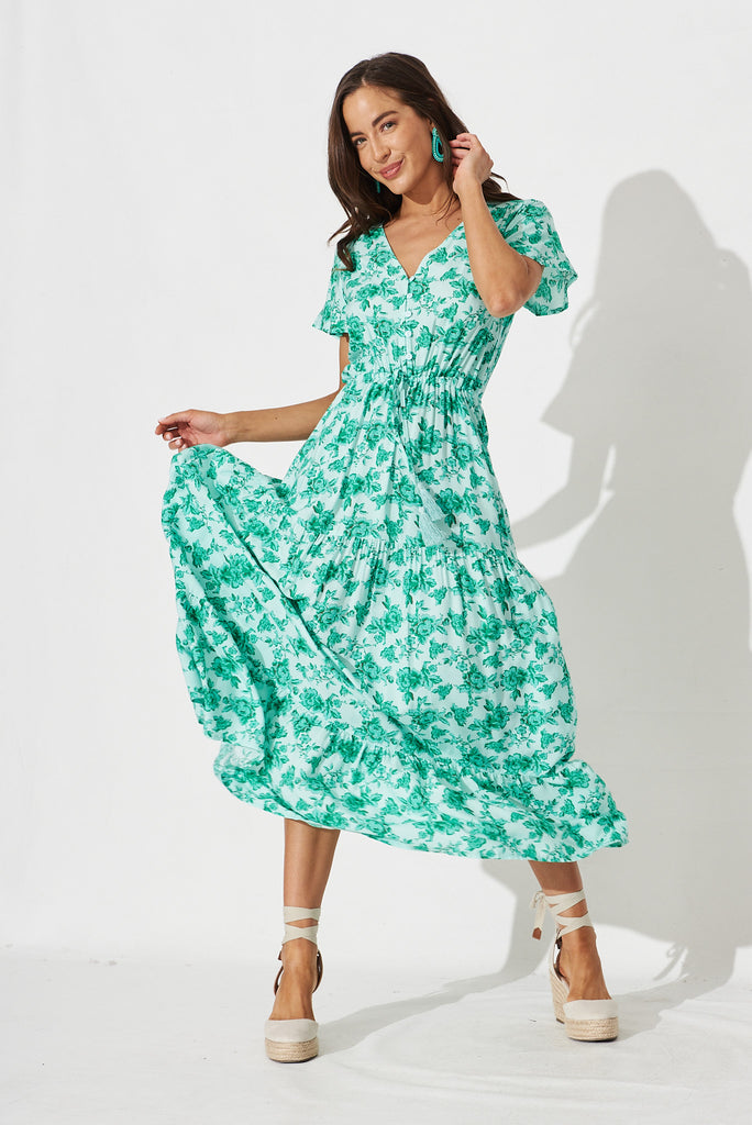 Elxi Maxi Dress In Mint With Green Boho Floral - full length