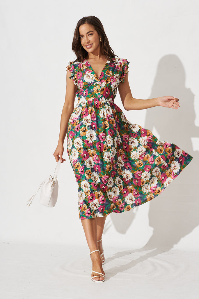 Kylian Midi Dress In Green With Beige Floral - full length