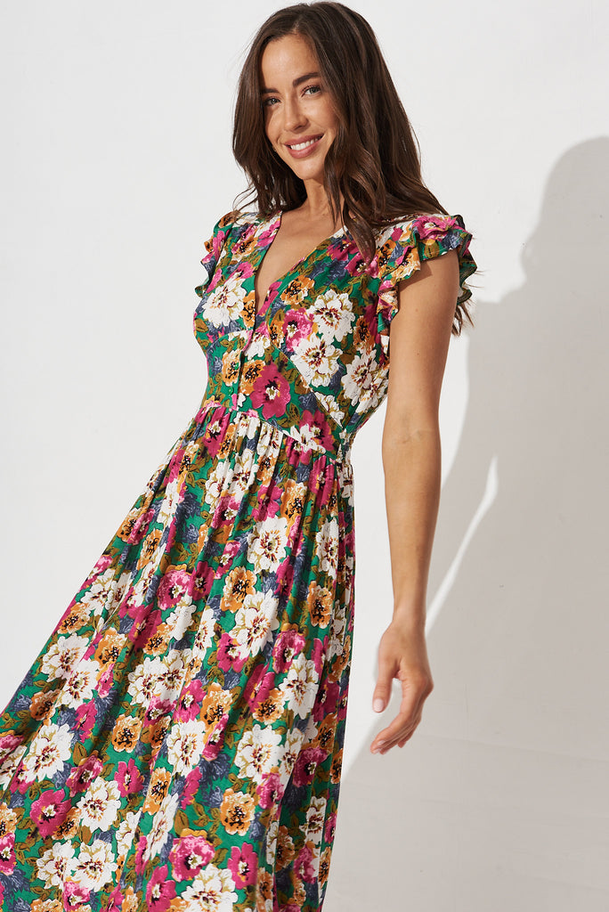 Kylian Midi Dress In Green With Beige Floral - front