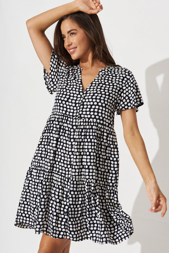 Shelby Shirt Dress In Navy With White Polka Dot - front