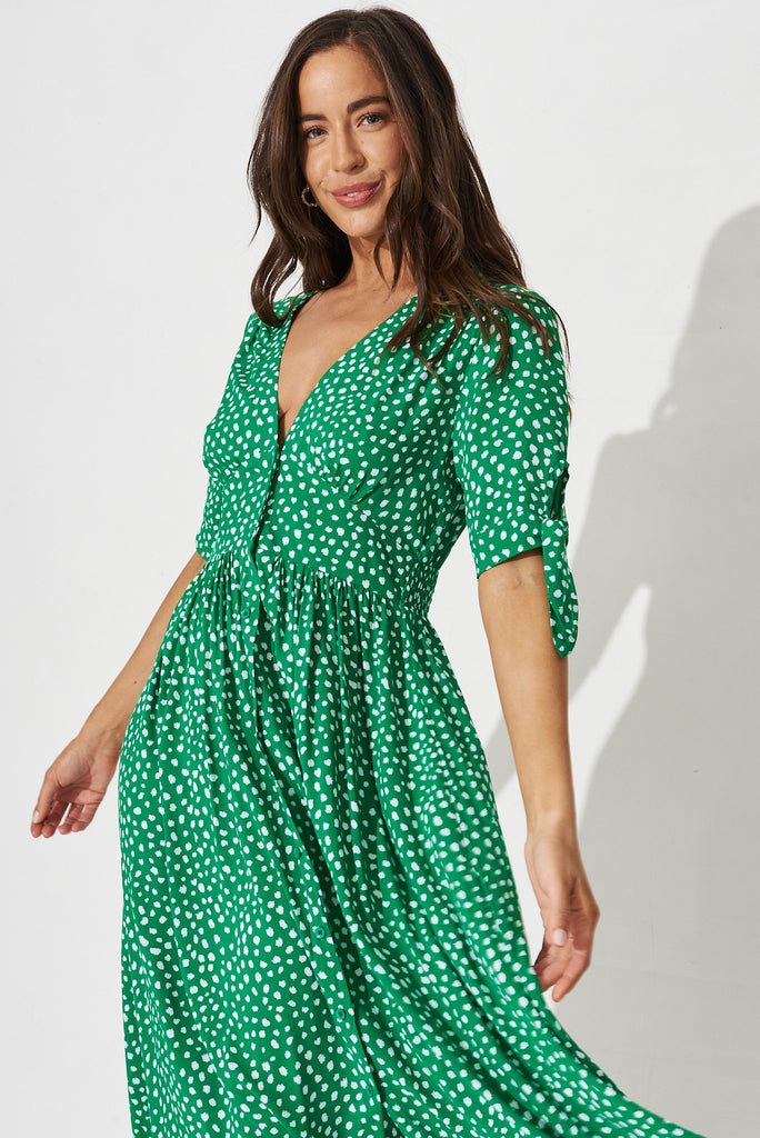 Akari Midi Dress In Green With White Speckle - front