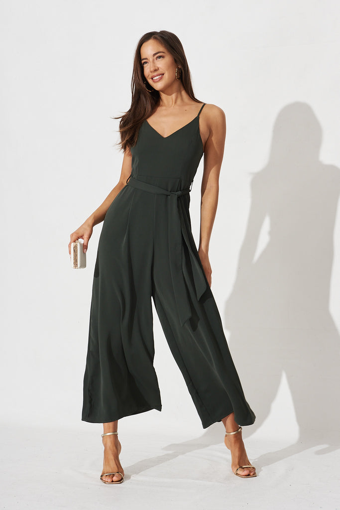Clarice Jumpsuit in Green Satin - full length