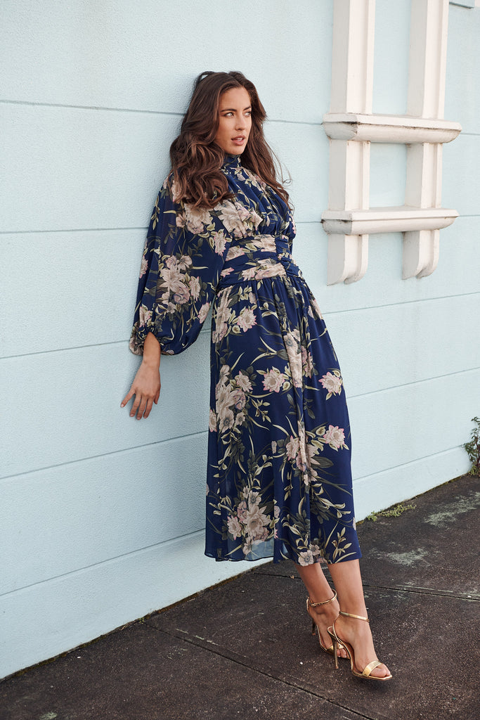 Rosamund Maxi Dress In Navy With Beige Floral Chiffon