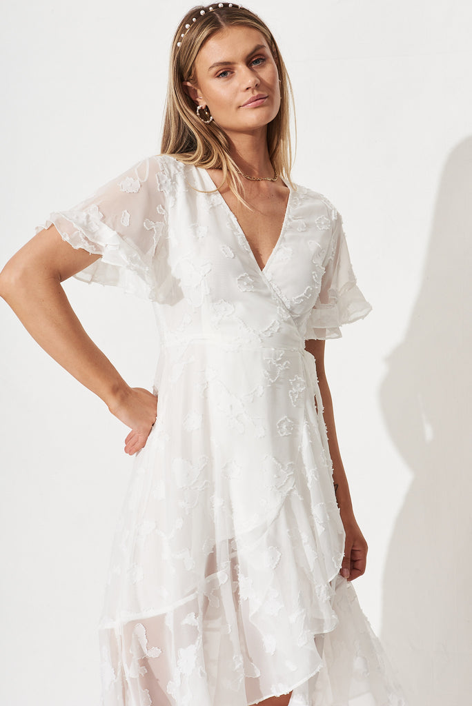 Felicidad Midi Wrap Dress In White Chiffon - front