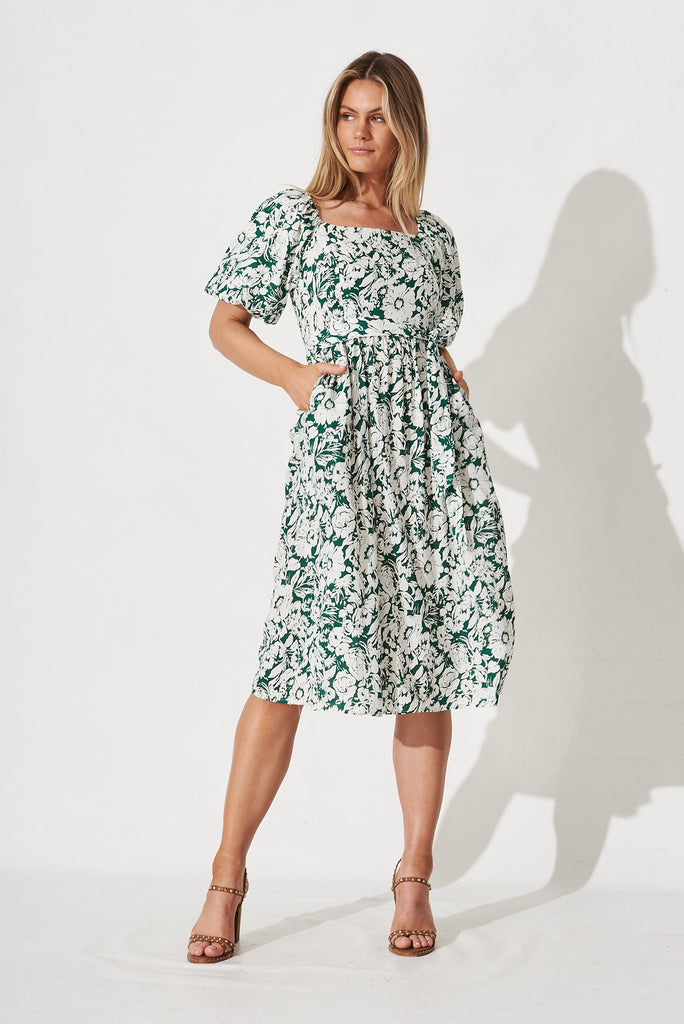 Darly Midi Dress In Green With White Floral - full length