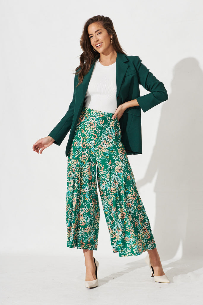 Effenty Pants In Green With Beige Floral - full length