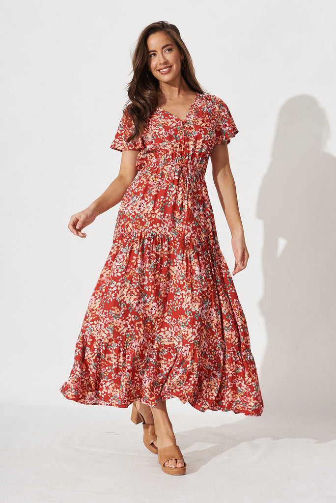 Elxi Maxi Dress in Red with Beige Floral - full length