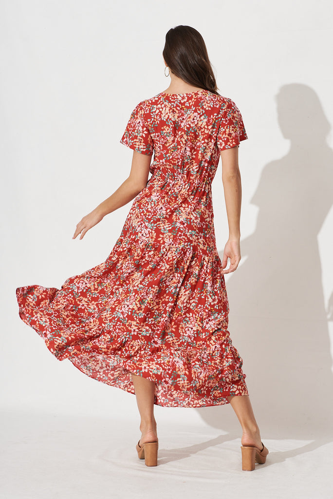 Elxi Maxi Dress in Red with Beige Floral - back
