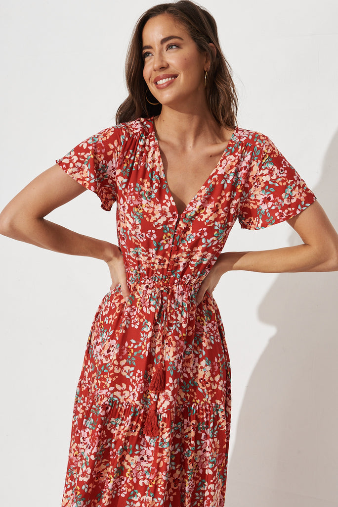 Elxi Maxi Dress in Red with Beige Floral - front