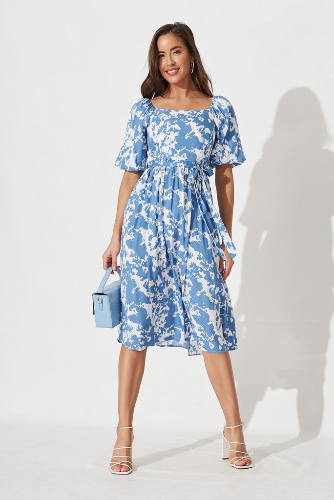 Darly Midi Dress In Blue With White Print - Full Length