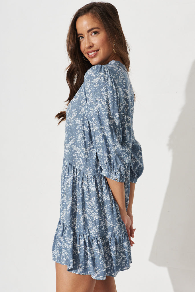 Alvie Smock Dress In Blue With White Print - side