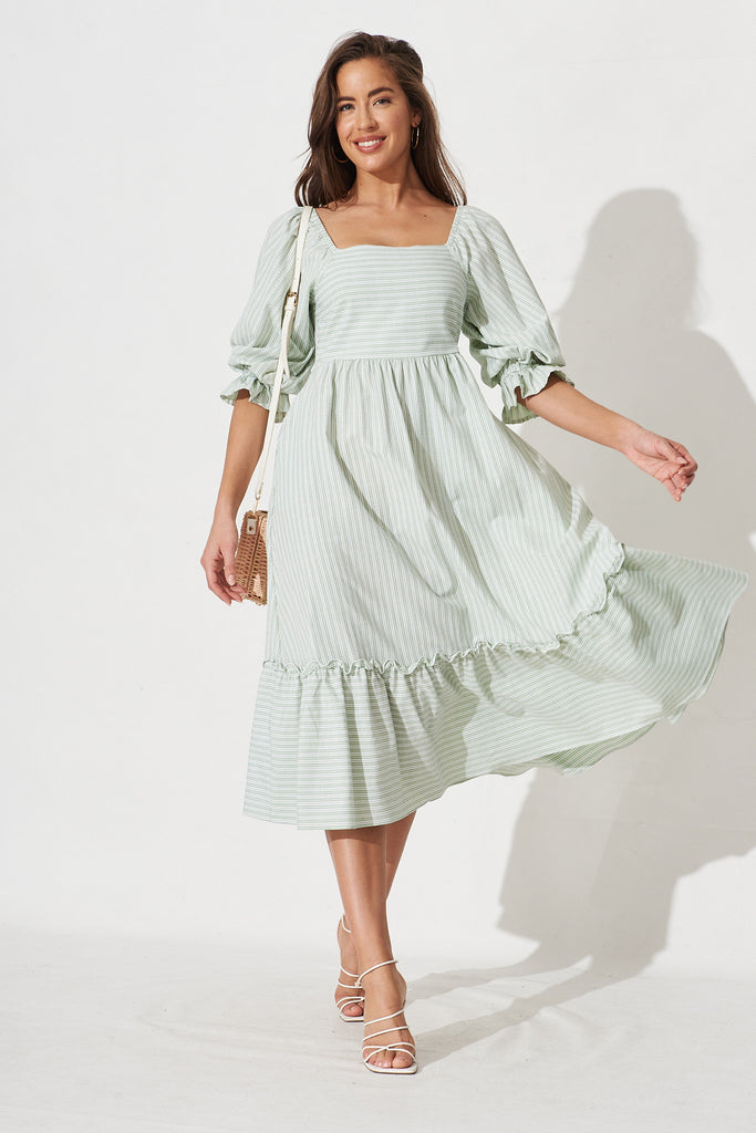 Charice Midi Dress In Green With White Stripe - full length