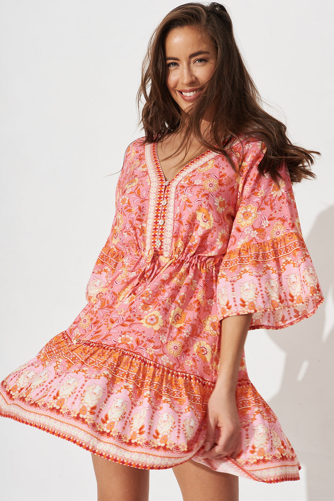 Parie Dress In Pink With Multi Boho Floral - front