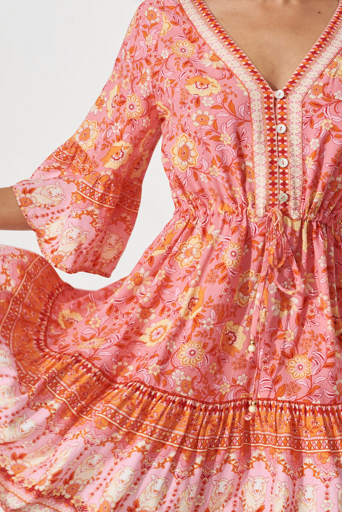 Parie Dress In Pink With Multi Boho Floral - detail