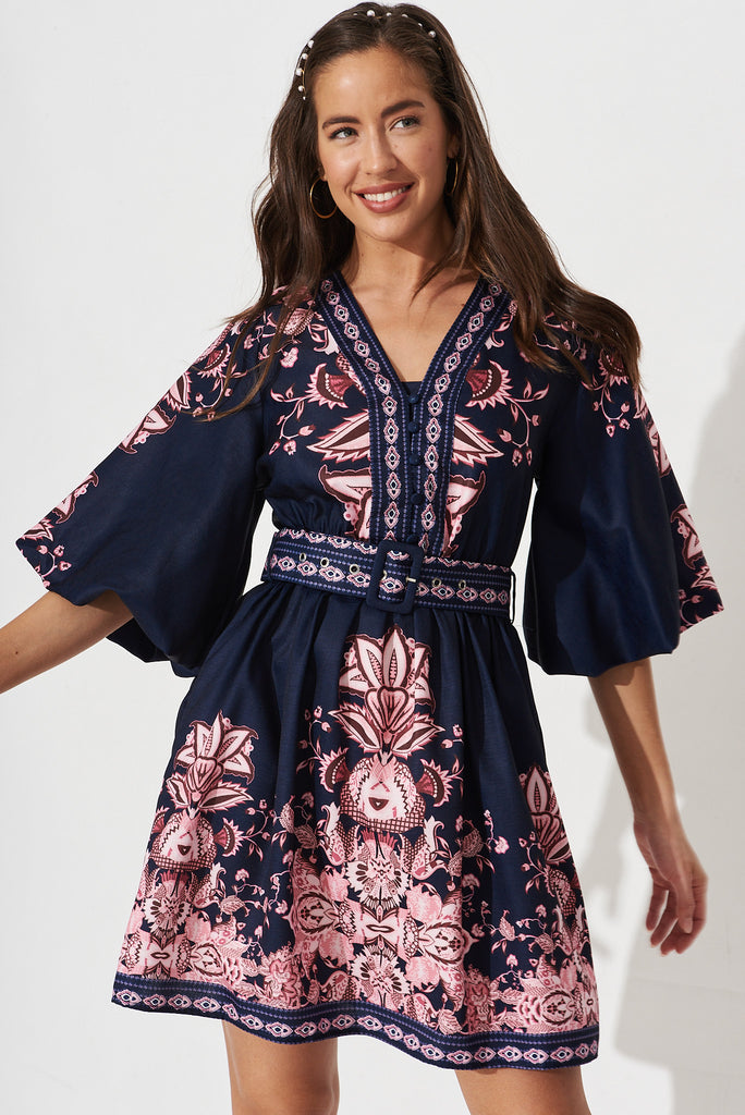 Amira Shirt Dress In Navy With Blush Floral - front