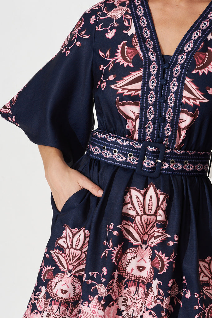 Amira Shirt Dress In Navy With Blush Floral - detail