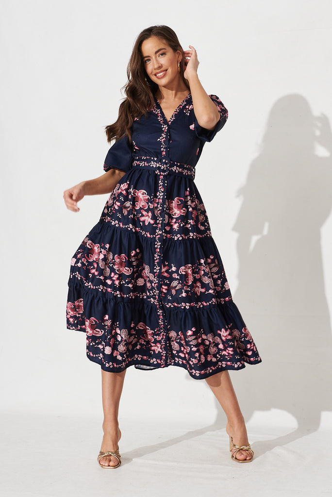 Piper Midi Dress In Navy With Blush Floral - full length