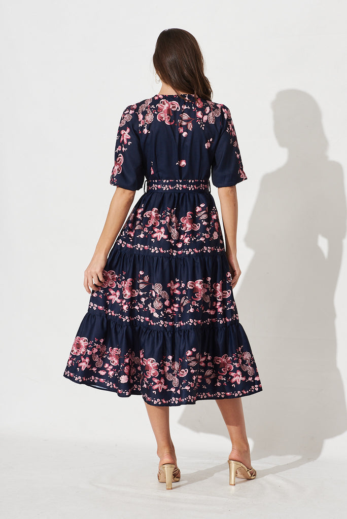Piper Midi Dress In Navy With Blush Floral - back