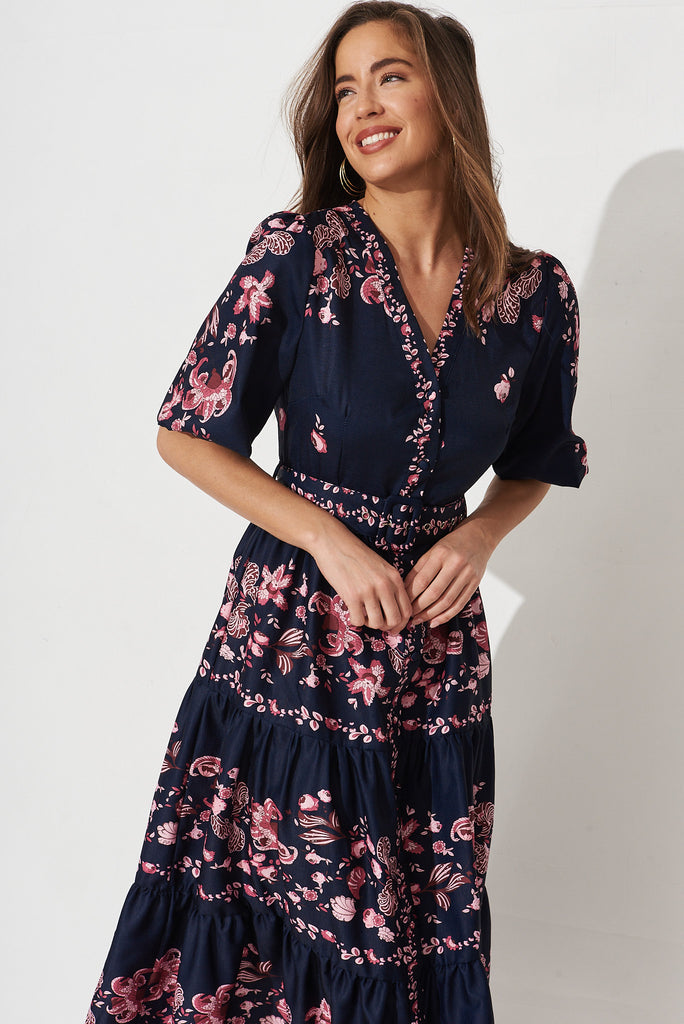 Piper Midi Dress In Navy With Blush Floral - front