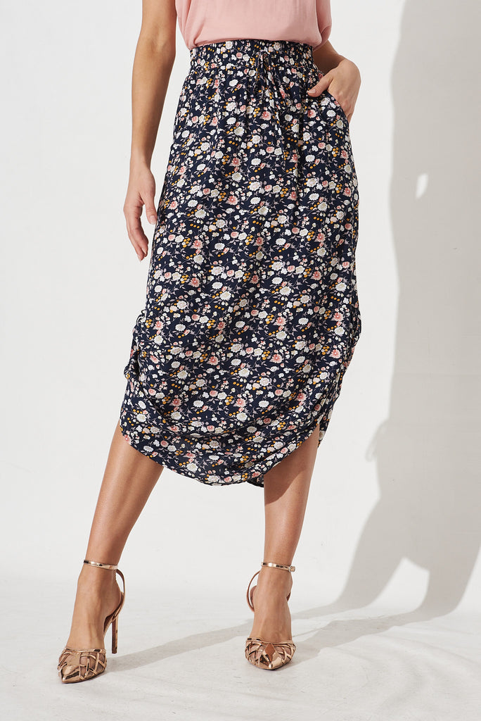 Patsy Skirt In Navy Ditsy Floral - front