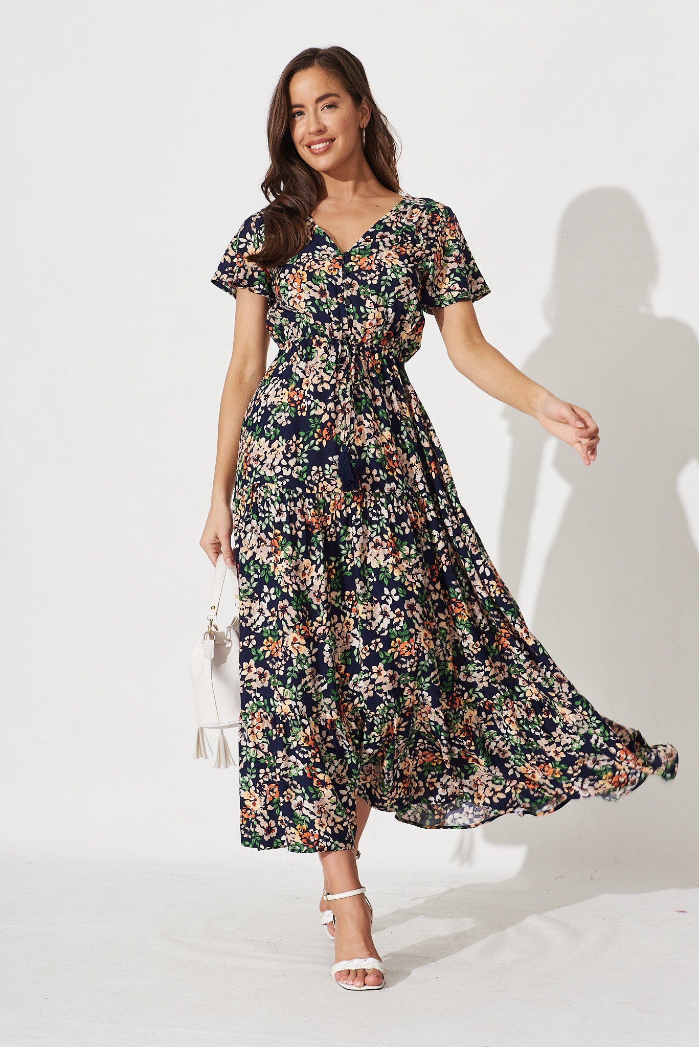 Elxi Maxi Dress In Navy With Beige Floral - full length