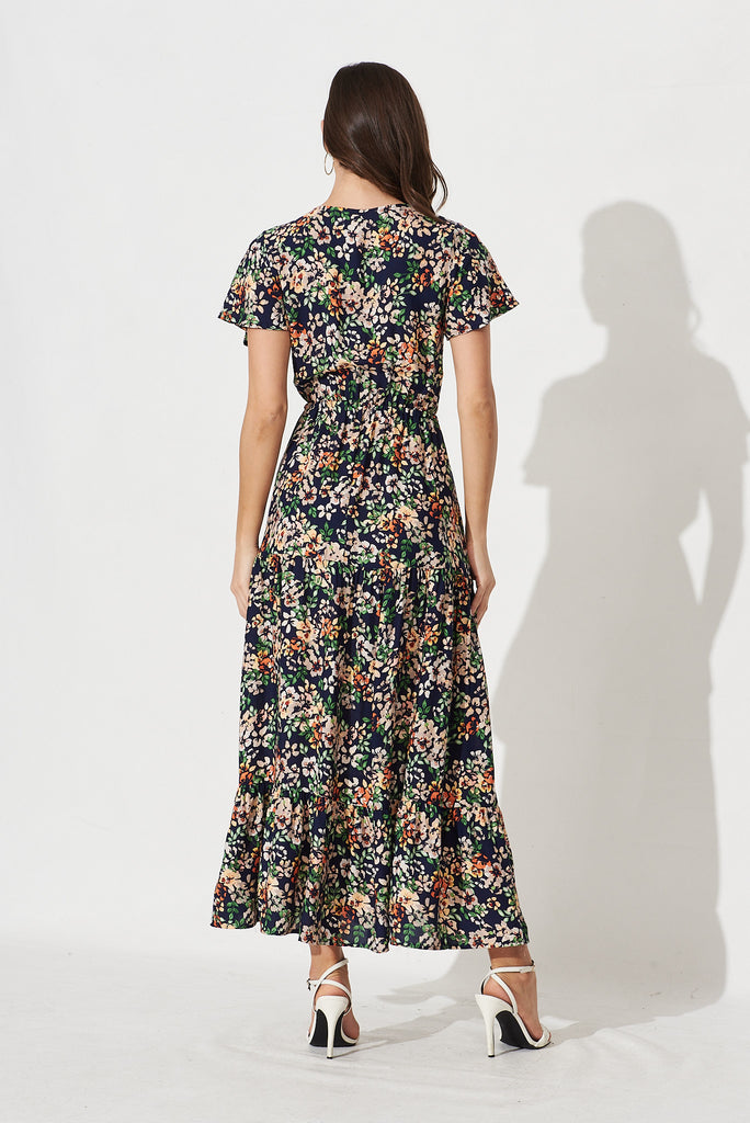 Elxi Maxi Dress In Navy With Beige Floral - back