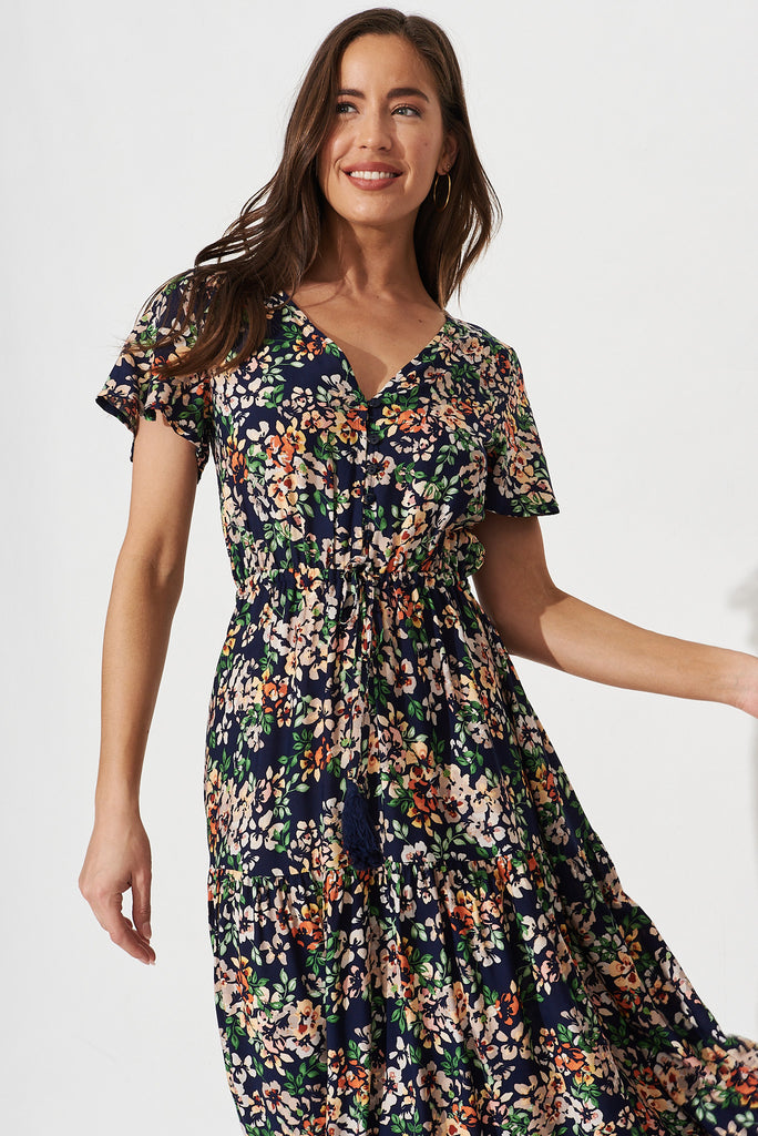 Elxi Maxi Dress In Navy With Beige Floral - front
