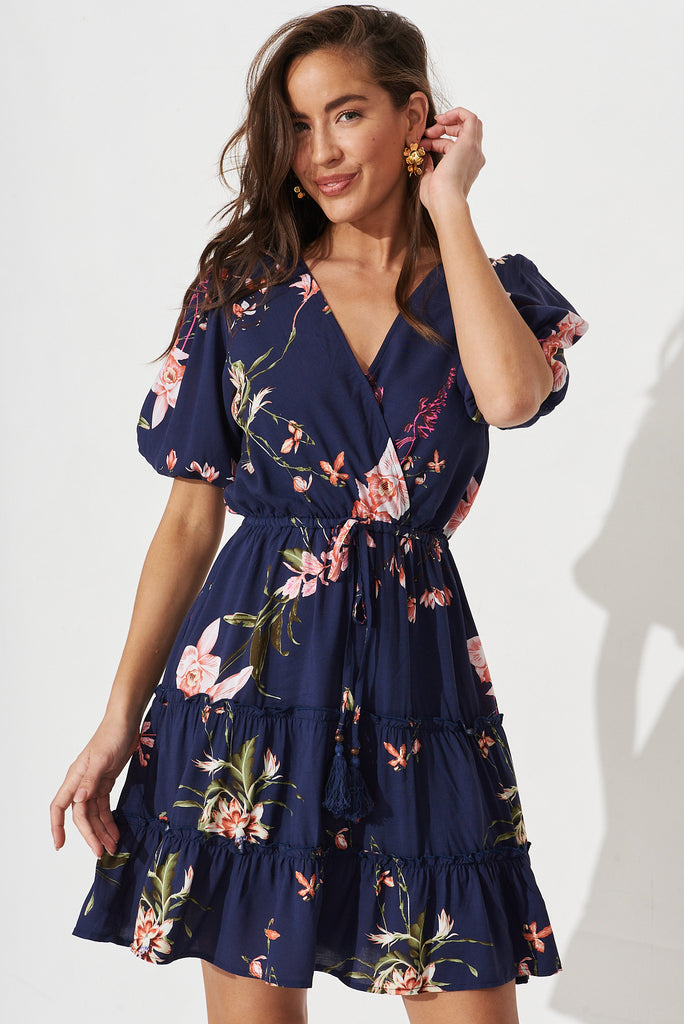Kirby Dress in Navy with Apricot - front