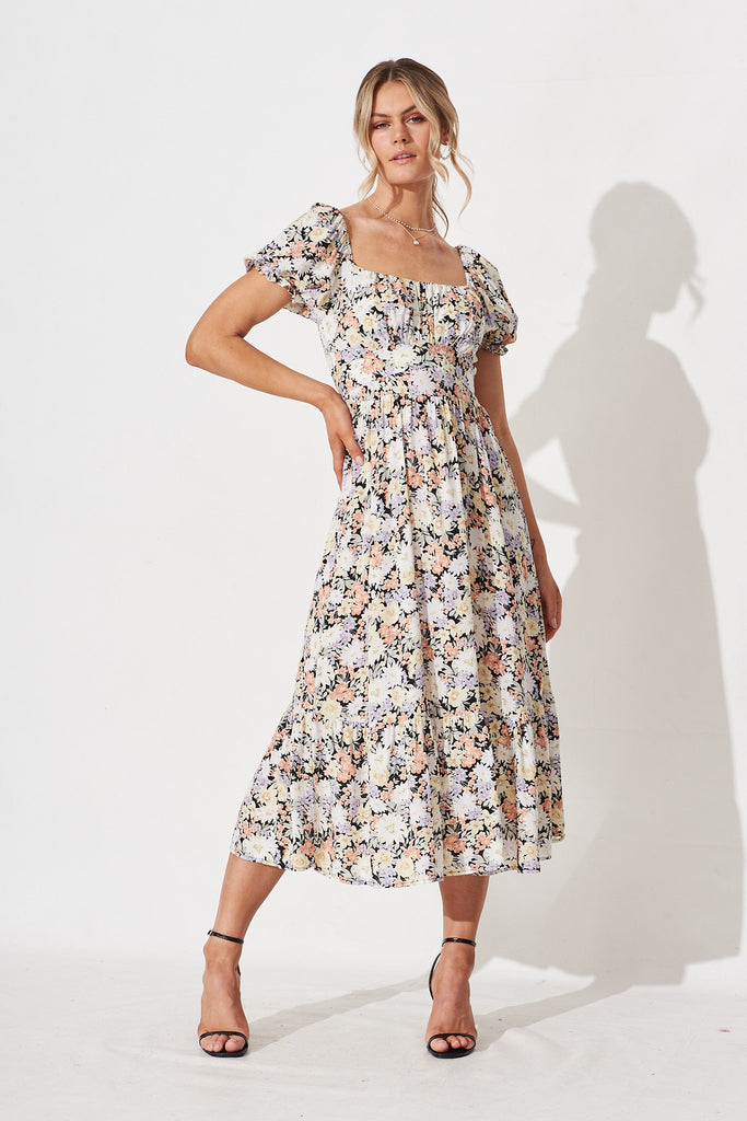 Candie Midi Dress In Black With Beige Floral - full length