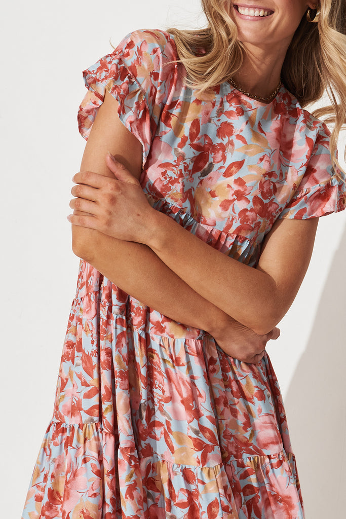 Chiswick Smock Dress In Blue with Red Floral - detail