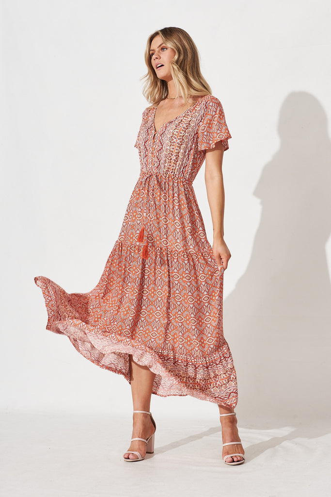 Elxi Maxi Dress In Coral With Red Boho Print - full length