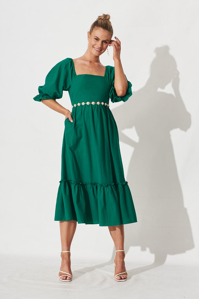Charice Midi Dress in Green Cotton - full length
