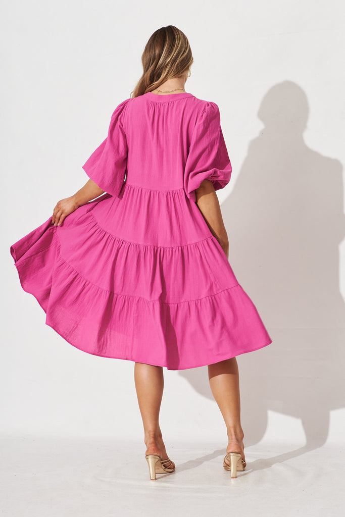 Kehlana Tiered Midi Dress In Magenta Cotton - back